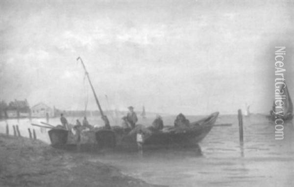 Kuste Mit Ankommenden Fischerbooten Oil Painting - George Willem Opdenhoff