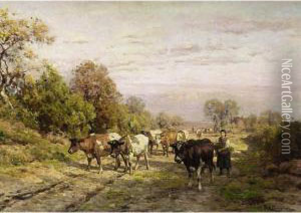 A Herdsmen With Cattle On A Countryroad, Drenthe Oil Painting - Julius Jacobus Van De Sande Bakhuyzen