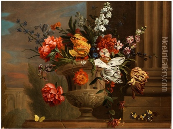 Grosses Blumenstilleben Mit Schmetterling Oil Painting - Jakob Bogdani