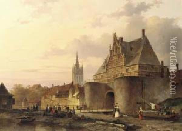 The Waterslootpoort At Delft At Sunset, With The Prinsenhof In The Distance Oil Painting - Everhardus Koster
