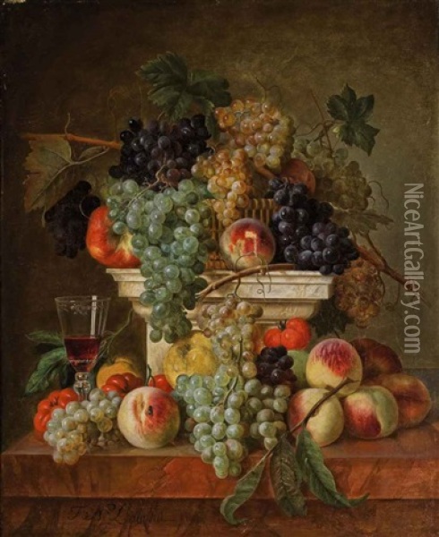 Peaches, Grapes And A Glass Of Wine On A Marble Ledge Oil Painting - Francois-Nicolas Laurent