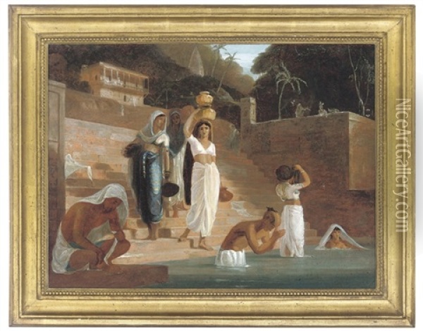 Hindu Women And Brahmans At A Ghat On The Ganges Oil Painting - William Daniell