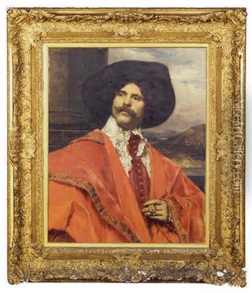 A Cavalier In A Red Costume And A Black Hat Oil Painting - Ferdinand Victor Leon Roybet