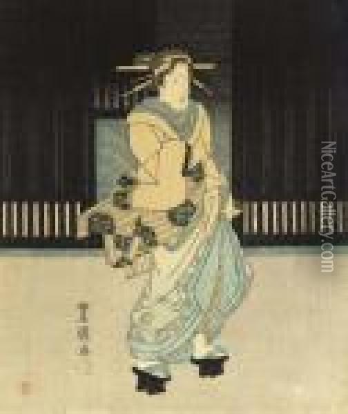 A Beauty Walking At Night Oil Painting - Toyokuni