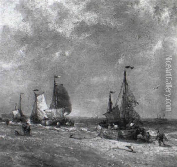 Fishing Vessels On The Beach In Blustery Weather Oil Painting - Francois-Etienne Musin
