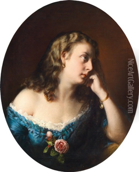 In Gedanken, Dame Im Blauen Kleid Mit Rosen Oil Painting - Aristides Oeconomo