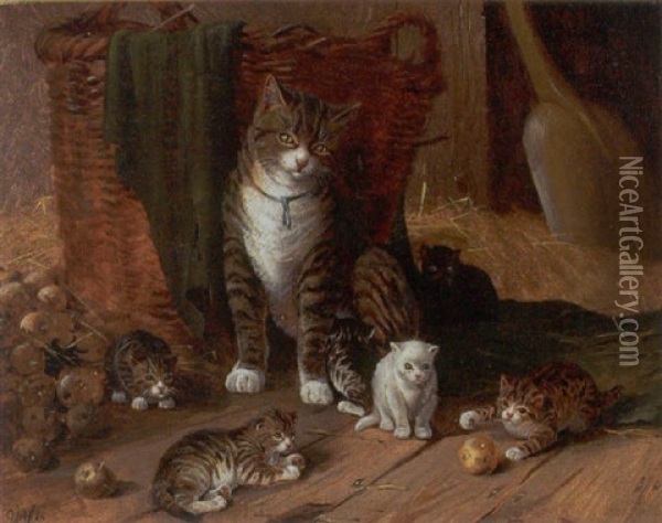 Staldinterior Med Kat Og Legende Kattekillinger Oil Painting - Olaf August Hermansen