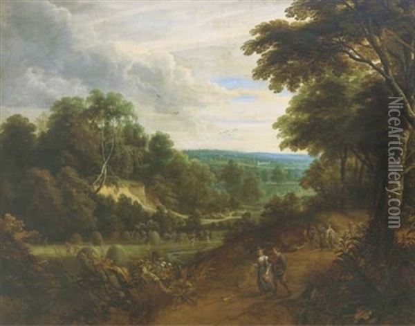 An Extensive Wooded Landscape With Peasants Haymaking And Returning From The Fields (collab. W/david Teniers Ii) Oil Painting - Jacques d' Arthois