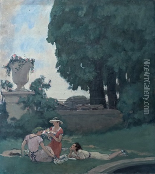 Trois Jeunes Filles Dans Un Parc Oil Painting - Charles-Auguste Edelmann