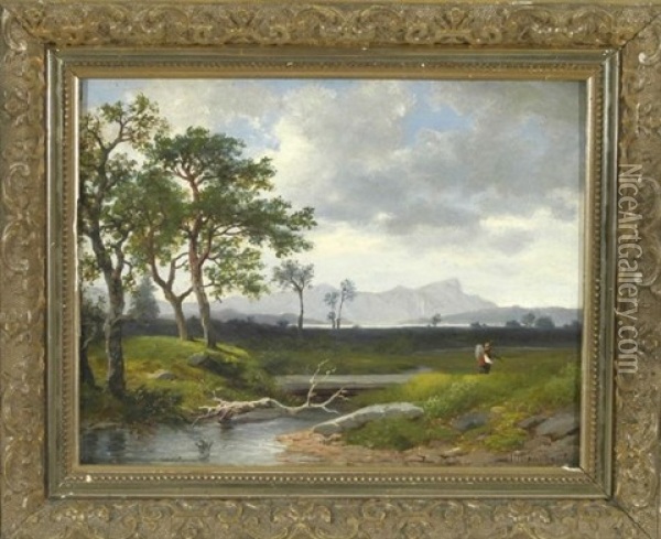 Flusslandschaft Am Chiemsee Mit Wanderer Vorne Links Oil Painting - Wilhelm Brandenburg