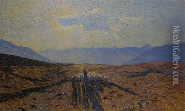 Ziehende Schaftherde In Der Abendsonne, Gebudemalp Ob Visperterminen Wallis Oil Painting - Oscar Wilhelm Luethy