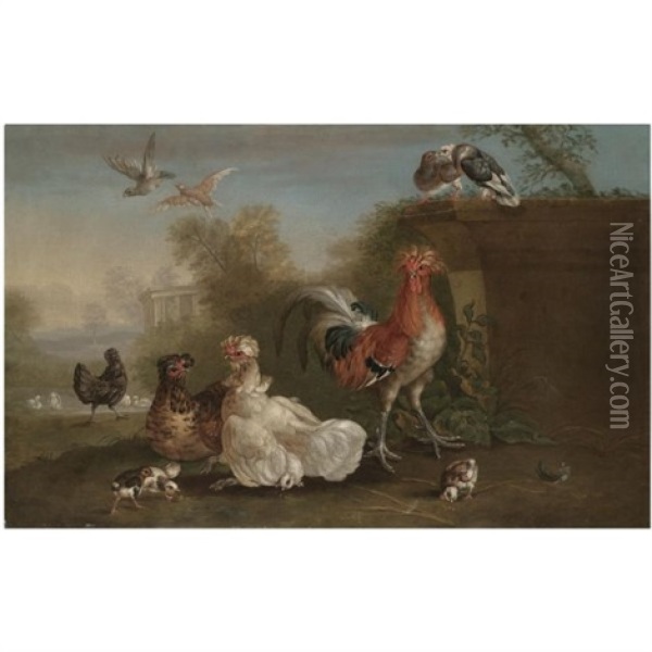 A Cockerel, Hens, Chicks, Pigeons And Other Fowl In A Park Landscape Oil Painting - Pieter Casteels III