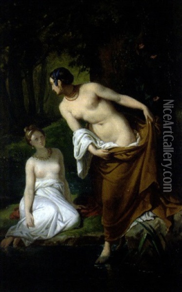 Jeunes Femmes Au Bain Oil Painting - Theodore Chasseriau