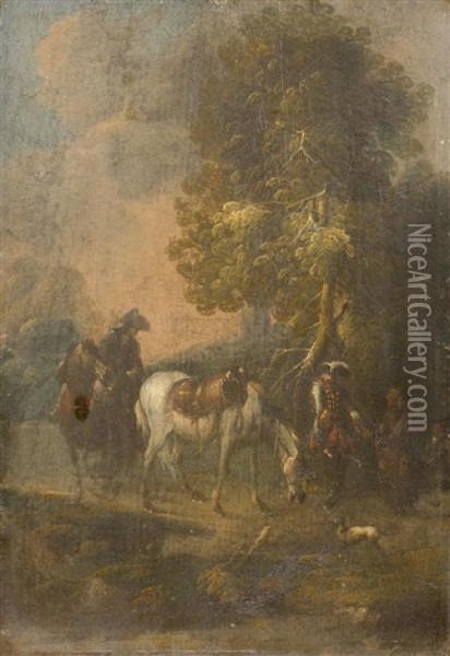 Reitergruppe In Landschaft Oil Painting - Salomon Landolt