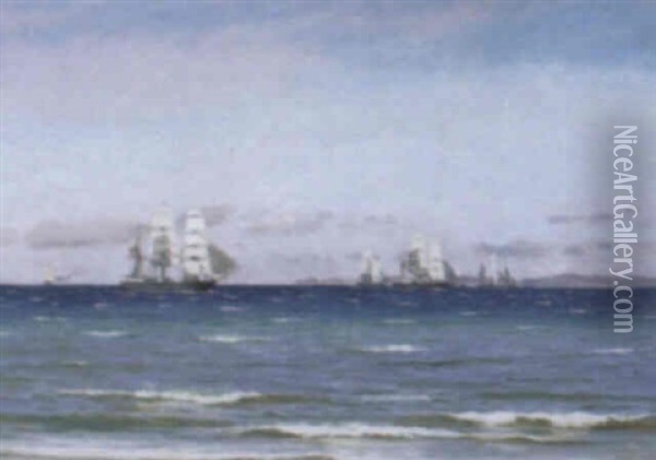 Marine Med Sejlskibe, I Baggrunden Den Svenske Kyst Oil Painting - Carl Ludvig Thilson Locher