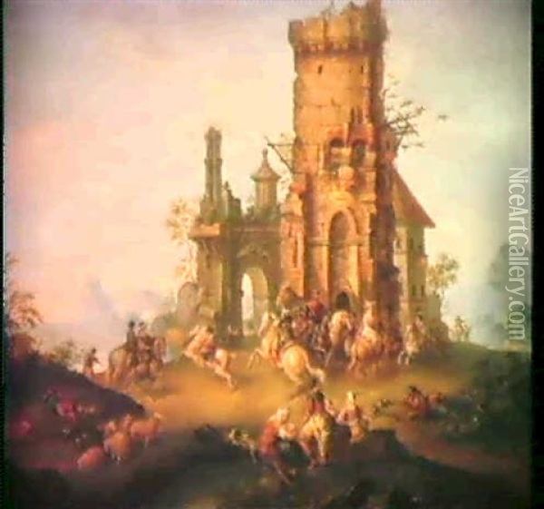 Reiter Vor Einer Schlossruine Oil Painting - Jean Baptiste Pillement