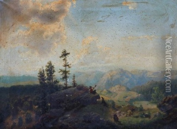 Landscape With Goatheard Blowing Horn Oil Painting - George Jabin