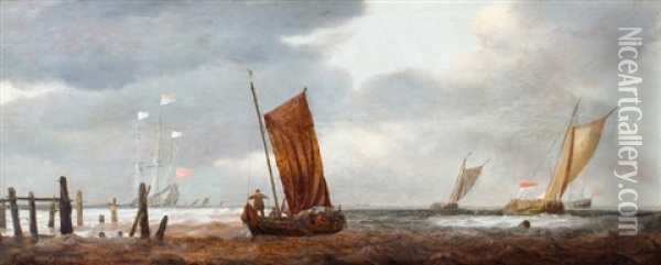 Vissersboten En Driemaster Bij Een Havenhoofd Oil Painting - Cornelis De Man