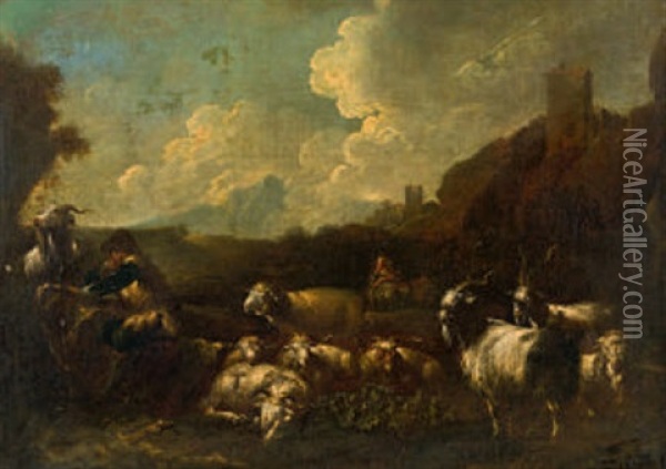 Landschaft Mit Hirten, Ziegen Und Schafen Oil Painting - Jacob (Rosa di Napoli) Roos