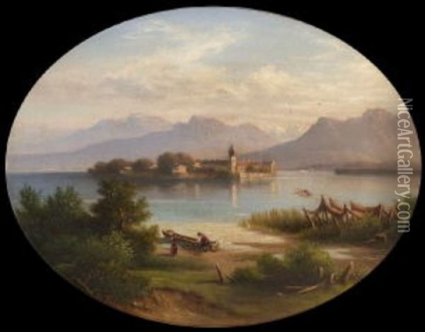 Blick Auf Die Fraueninsel Im Chiemsee (+ Another Similar; Pair) Oil Painting - Georg Koebel