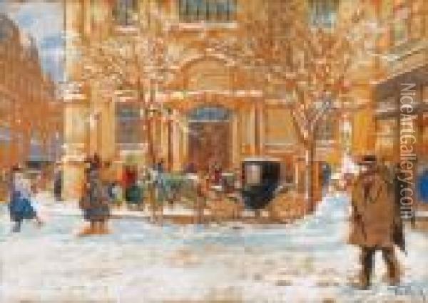 Snow-covered Street With A Horse-cab Oil Painting - Antal Berkes