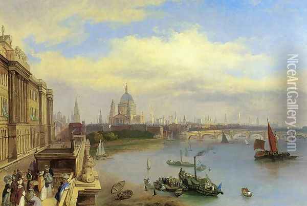 Figures Promenading Outside Somerset House, St. Paul's Cathedral Beyond Oil Painting - William Parrott