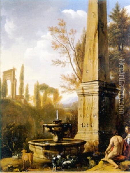 Shepherds Resting By A Fountain And An Obelisk In An Arcadian Landscape Oil Painting - Gerrit van Bronckhorst