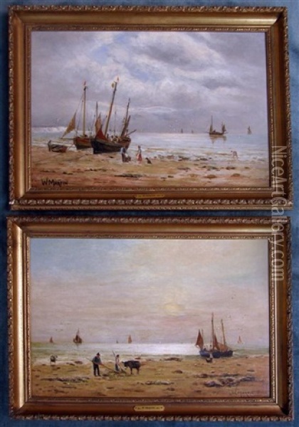 Fishing Boats Moored On A Beach With Figures And Animals Looking On (pair) Oil Painting - William Alexander Kennedy Martin