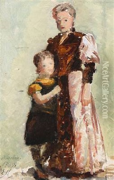 Mother And Daughter Oil Painting - Emilie (Caroline E.) Mundt