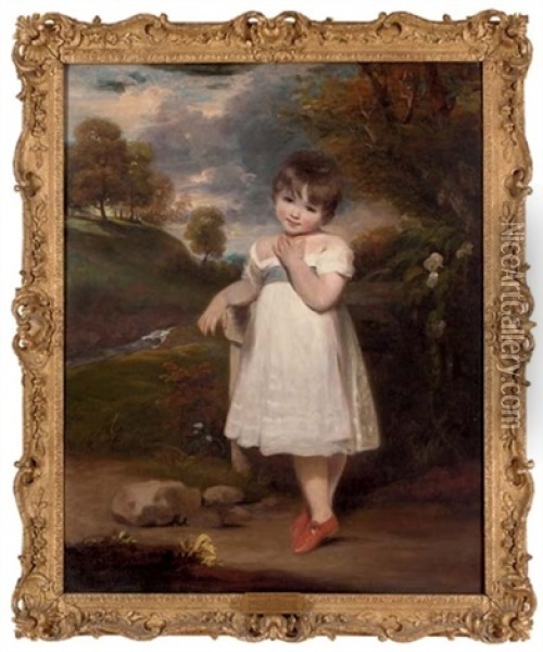 Portrait Of Emma Laura Whitbread In A White Dress With A Blue Sash And A Coral Necklace, In A Wooded Landscape Oil Painting - Sir John Hoppner