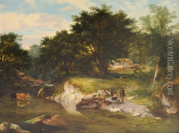 Fischerparchen Am Flussufer Oil Painting - George Cole