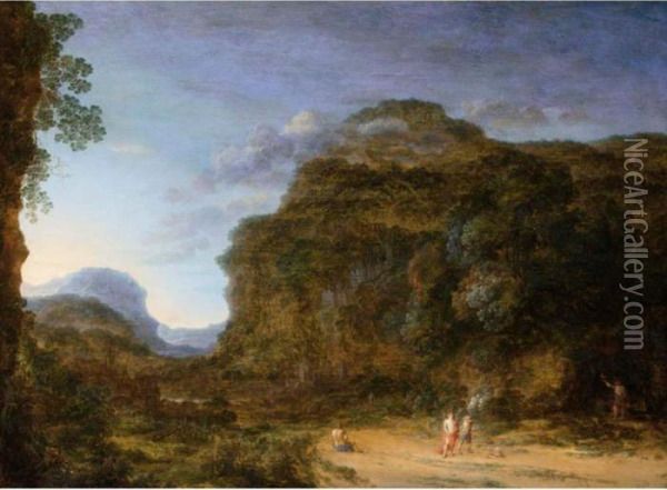 A Rocky Landscape With Figures And A Dog Oil Painting - Gillis Neyts