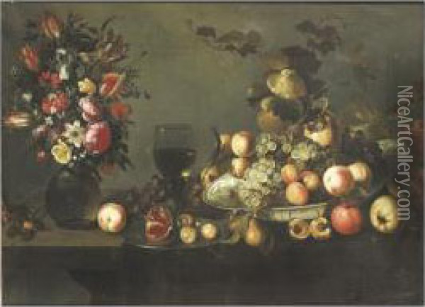 Nature Morte Au Bouquet De Fleurs, Plat De Fruits Et Roemer Oil Painting - Michiel Simons