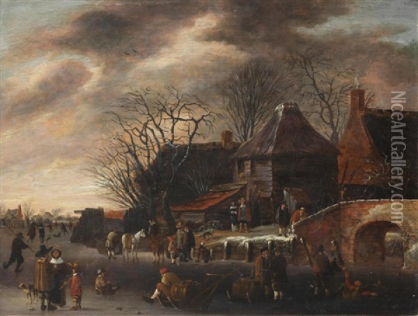 A Winter Landscape With Figures Ice Skating And Playing Kolf Oil Painting - Salomon Rombouts