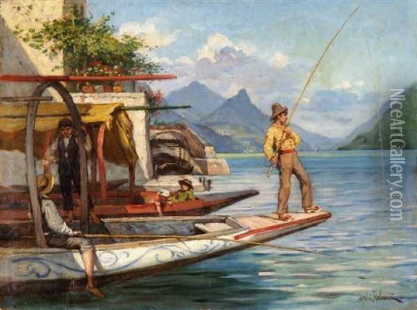Angler Und Fischer Auf Ihren Booten Am Genfersee Oil Painting - Henri Hebert