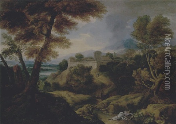 A Classical Landscape With The Story Of The Disobedient Prophet Oil Painting - Jacob De Heusch