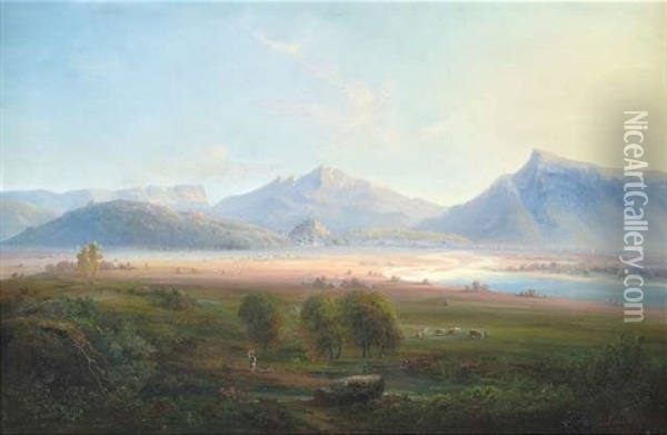 Blick Von Der Terrasse Der Kirche Maria Plain In Das Salzachtal Mit Salzburg, Hohensalzburg Und Das Salzkammergut Oil Painting - Ernst Kaiser