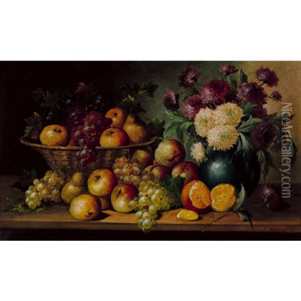 Herbststillleben Mit Fruchten Und Chrysanthemen Oil Painting - Josef Mansfeld