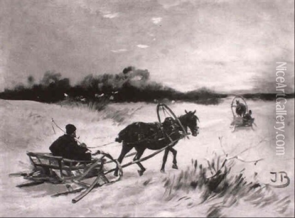 Troikas On A Winter Track Oil Painting - Jozef Brandt