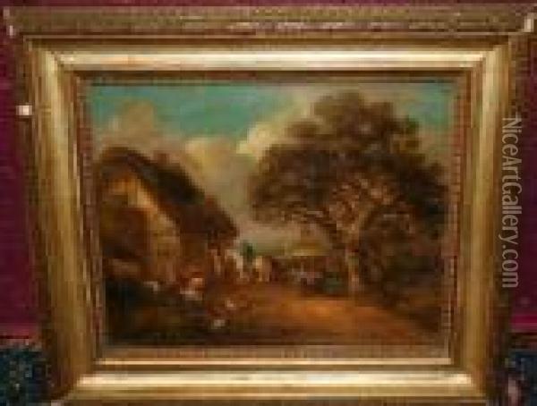 Travellers On Horses And Donkeys Outside A Tavern In Rural Lane Oil Painting - George Morland