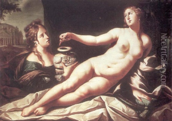 A Reclining Female Figure Taking Poison With An Attendant Oil Painting - Abraham Janssens