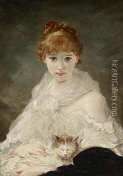 Girl With Cat Oil Painting - Charles Josua Chaplin