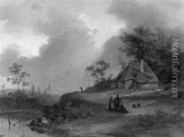 A Wooded Landscape With Peasants On A Riverbank, Church Beyond Oil Painting - Pieter Lodewijk Francisco Kluyver