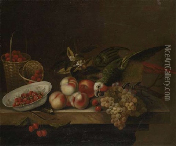 A Parrot On A Branch With Grapes, Peaches And Orange Blosom, With Strawberries In A Porcelain Dish And In Two Baskets Oil Painting - William Jones
