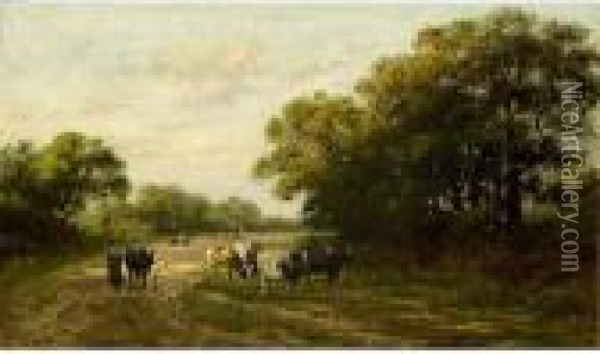 A Girl Herding Cows In A Forest Landscape Oil Painting - Julius Jacobus Van De Sande Bakhuyzen