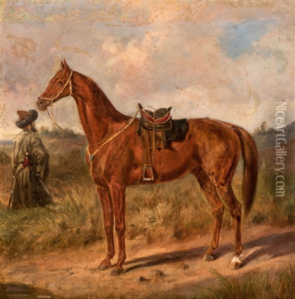 A Cossack With His Horse Oil Painting - Friedrich Frisch