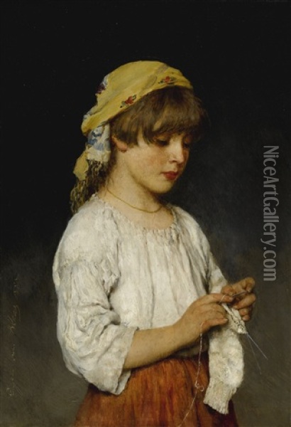 Knitting Girl With Headscarf Oil Painting - Eugen von Blaas