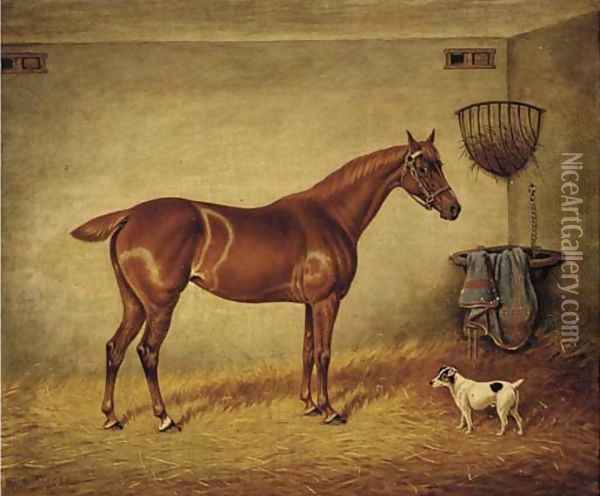 A chestnut racehorse and a Jack Russell in a stable Oil Painting - William Eddowes Turner