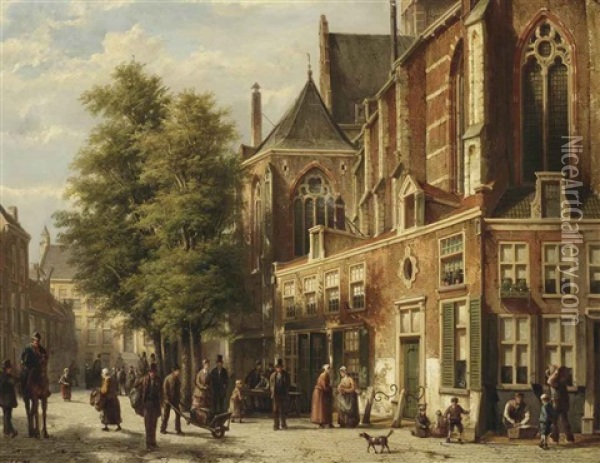 Numerous Figures In A Sunlit Street Near A Church Oil Painting - Willem Koekkoek