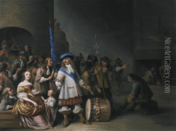 A Guardroom Interior With An Officer, His Men And A Mother And Child Oil Painting - Anthonie Palamedesz